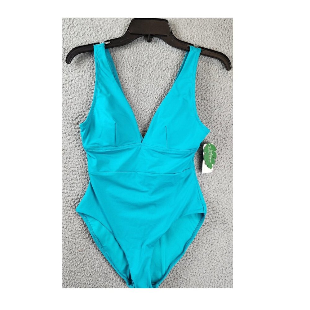 Tommy Bahama Palm Modern V-Neck One-Piece Swimsuit Women's 6 Aqua Dream Pull On